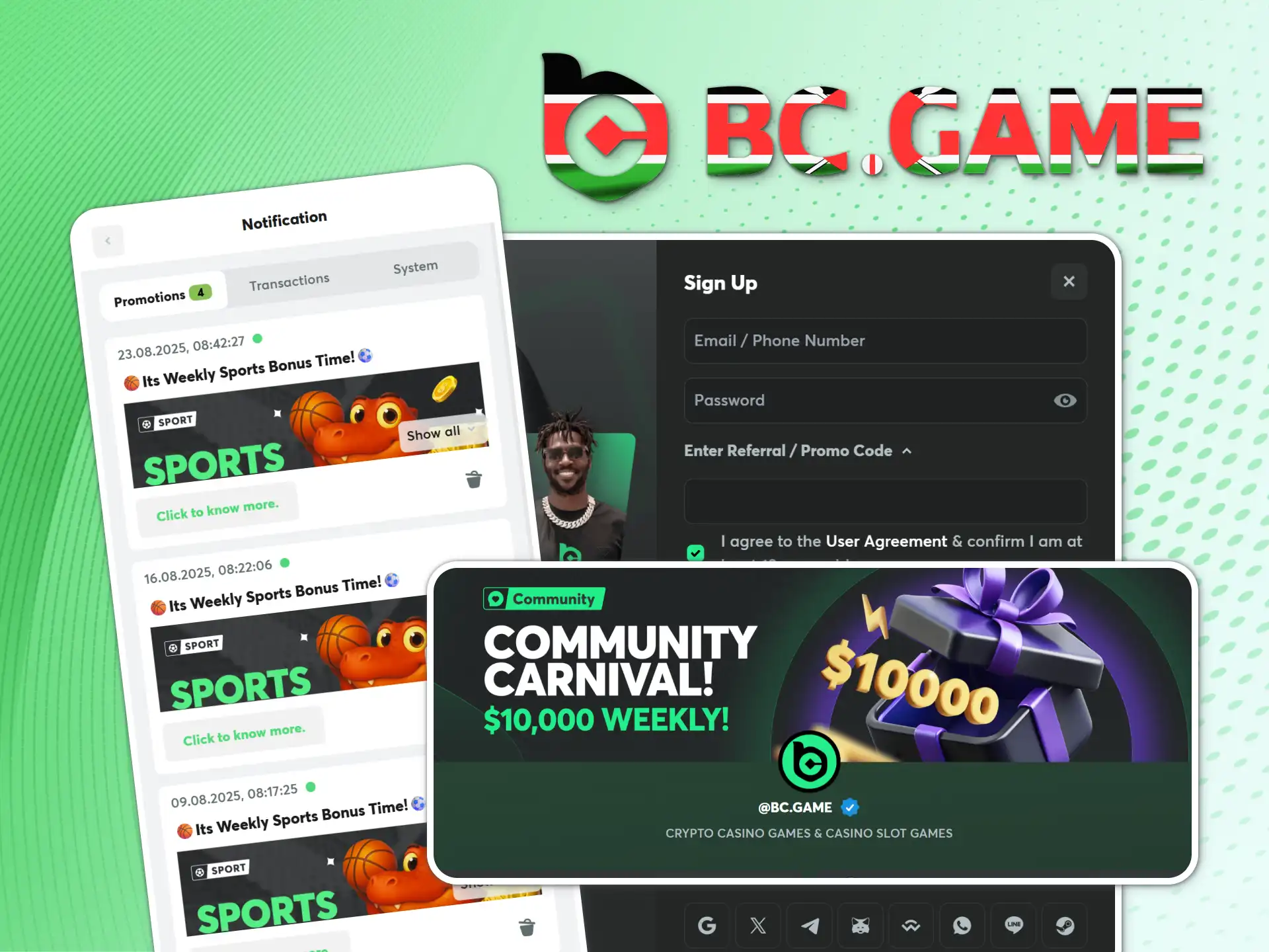 Access free gifts from promo codes on BC Game Kenya.
